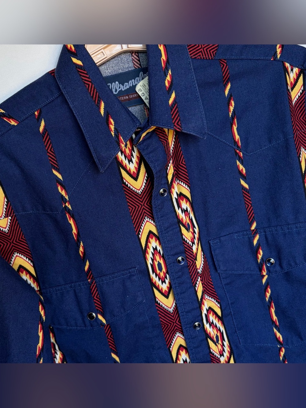 Vtg Wrangler Men S Southwestern LS Shirt Aztec Pearl Snap Blue Cotton Western EC